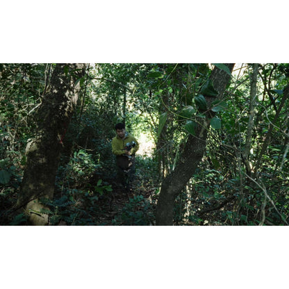 A person in a forest clearing wearing a yellow-green shirt and dark pants, holding FJD Trion T1 laser scanning dense green foliage and tree trunks.