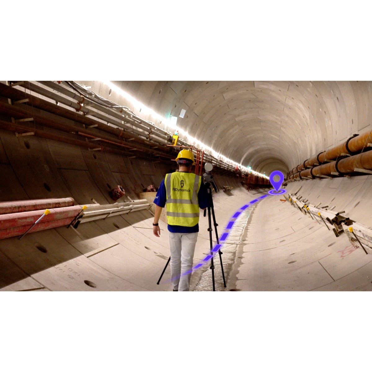 A construction worker in a high-visibility yellow vest stands with FJD Trion T1 mounted on a tripod for terrestrial laser scanning inside a large concrete tunnel, with a blue laser line projected on the tunnel wall. The image appears digitally composited, with the worker and laser line floating into a real environment.
