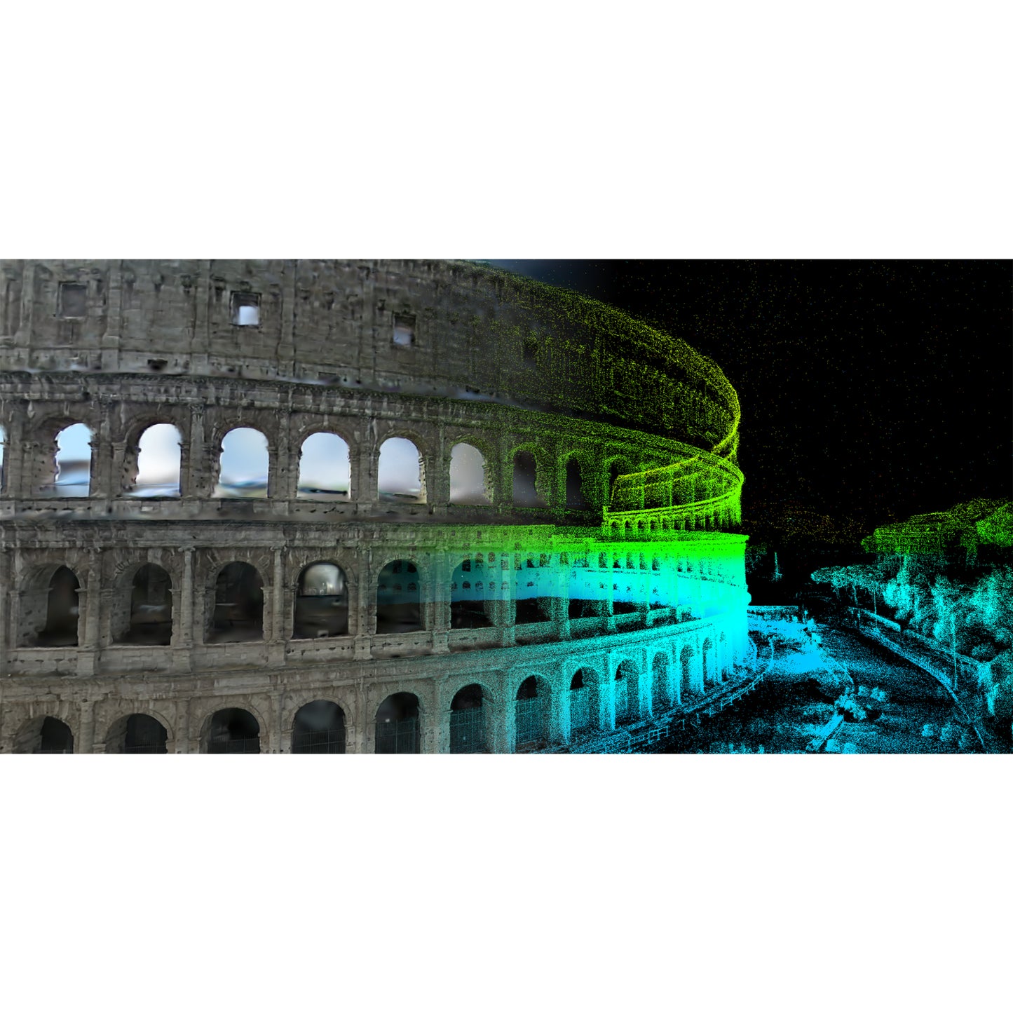 Colosseum in Rome with green and blue lighting effects which is the colorised image and point cloud data shown using the XGRIDS LCC Studio software