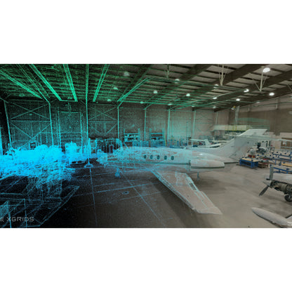 scanned point cloud and image data of a private jet airplane hangar and being shown the XGRIDS LCC Studio software