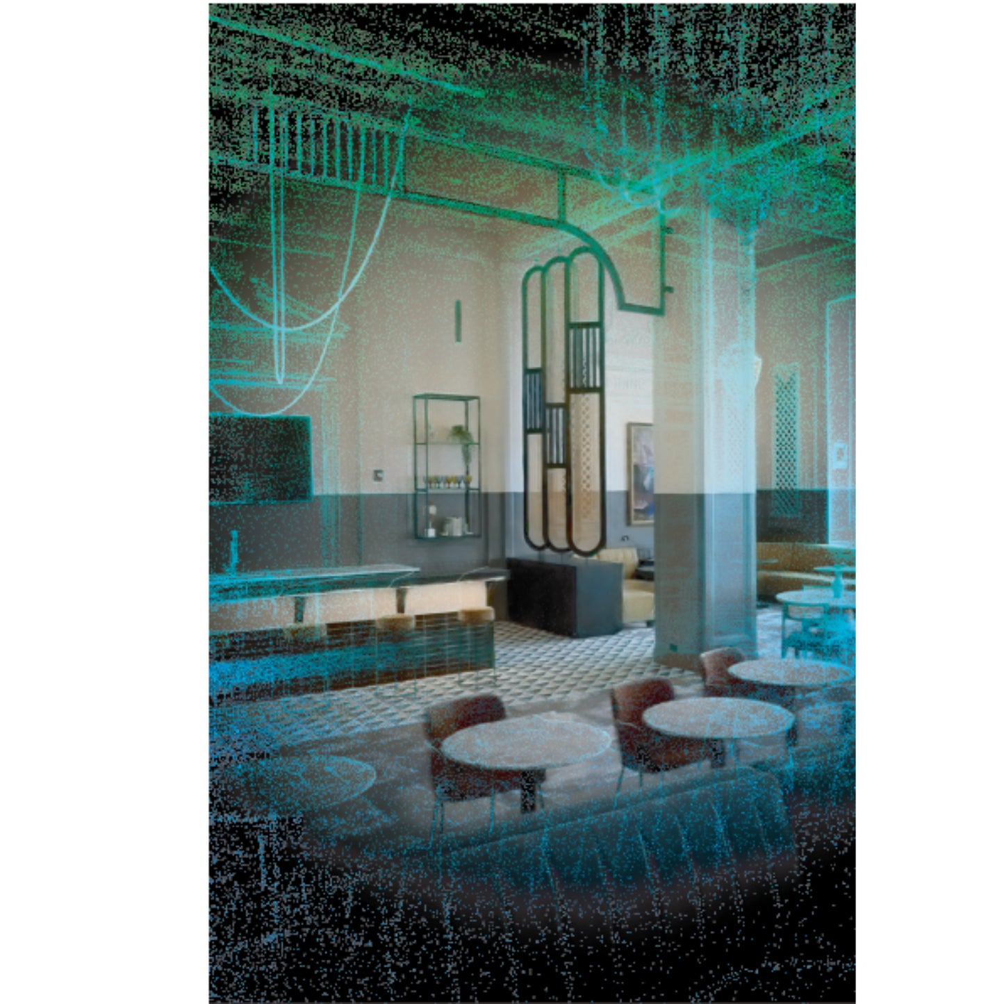 scanned Interior of a restaurant shown on point cloud and image data including the furniture and panels and interior design elements being shown on XGRIDS LCC Studio software