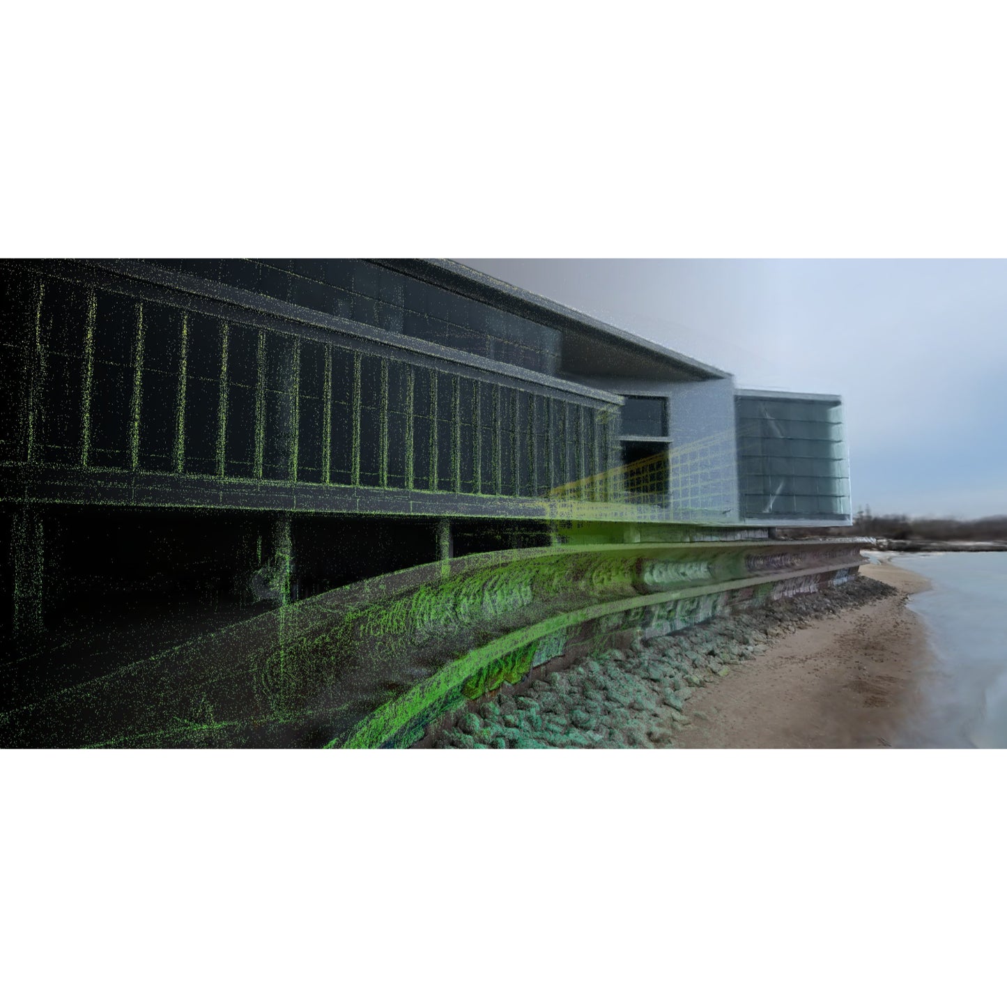 scanned outer areas of a business complex being shown as point cloud data and image data on XGRIDS LCC Studio software