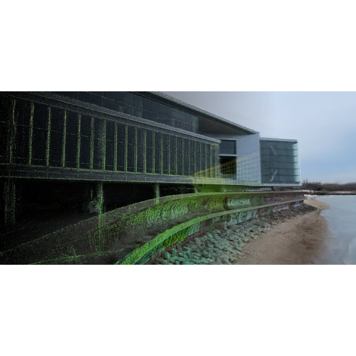 scanned outer areas of a business complex being shown as point cloud data and image data on XGRIDS LCC Studio software