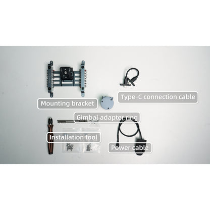 Set of components in the XGRIDS Lixel L2 Pro drone mounting bracket including a mounting bracket, type-C connection cable, gimbal adapter ring, installation tool, and power cable on a white background.