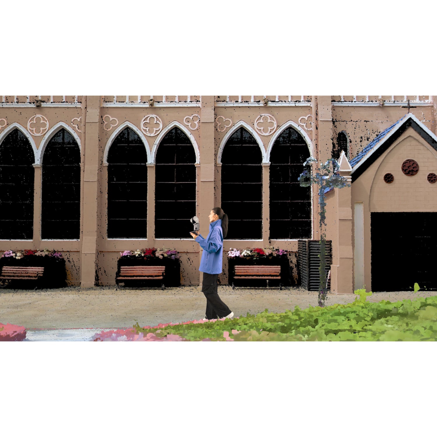 surveyor walking around a church with the  XGRIDS Lixel L2 Pro real-time RTK SLAM LiDAR scanner