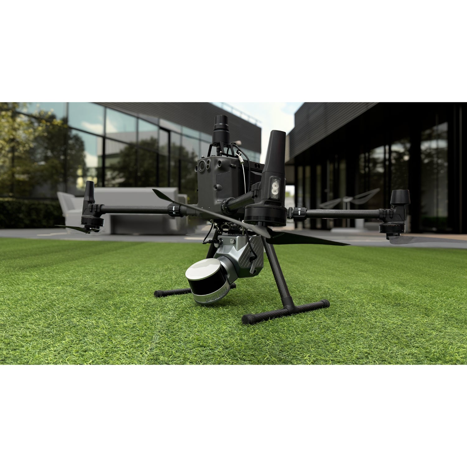 live action shot of the FJ Dynamics Trion S2 attached to DJI Drone  using the FJ Dynamics Trion S2 Drone Mount with RTK module for aerial surveying about to scan a business complex.